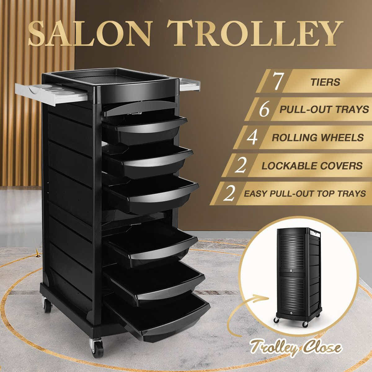 DS BD Salon Storage Tool Cart Hairdressing Rolling on Wheels 7 Tiers 6 Trays
