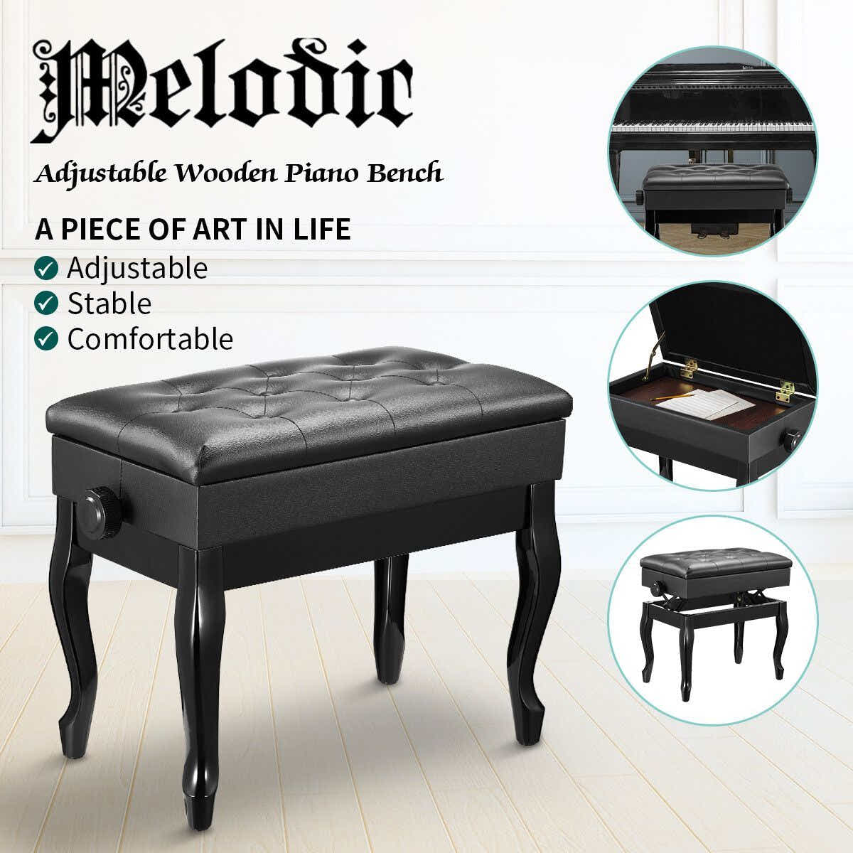 DS BD Melodic Piano Stool Adjustable Wood Chair Bench Storage Bent Leg Black