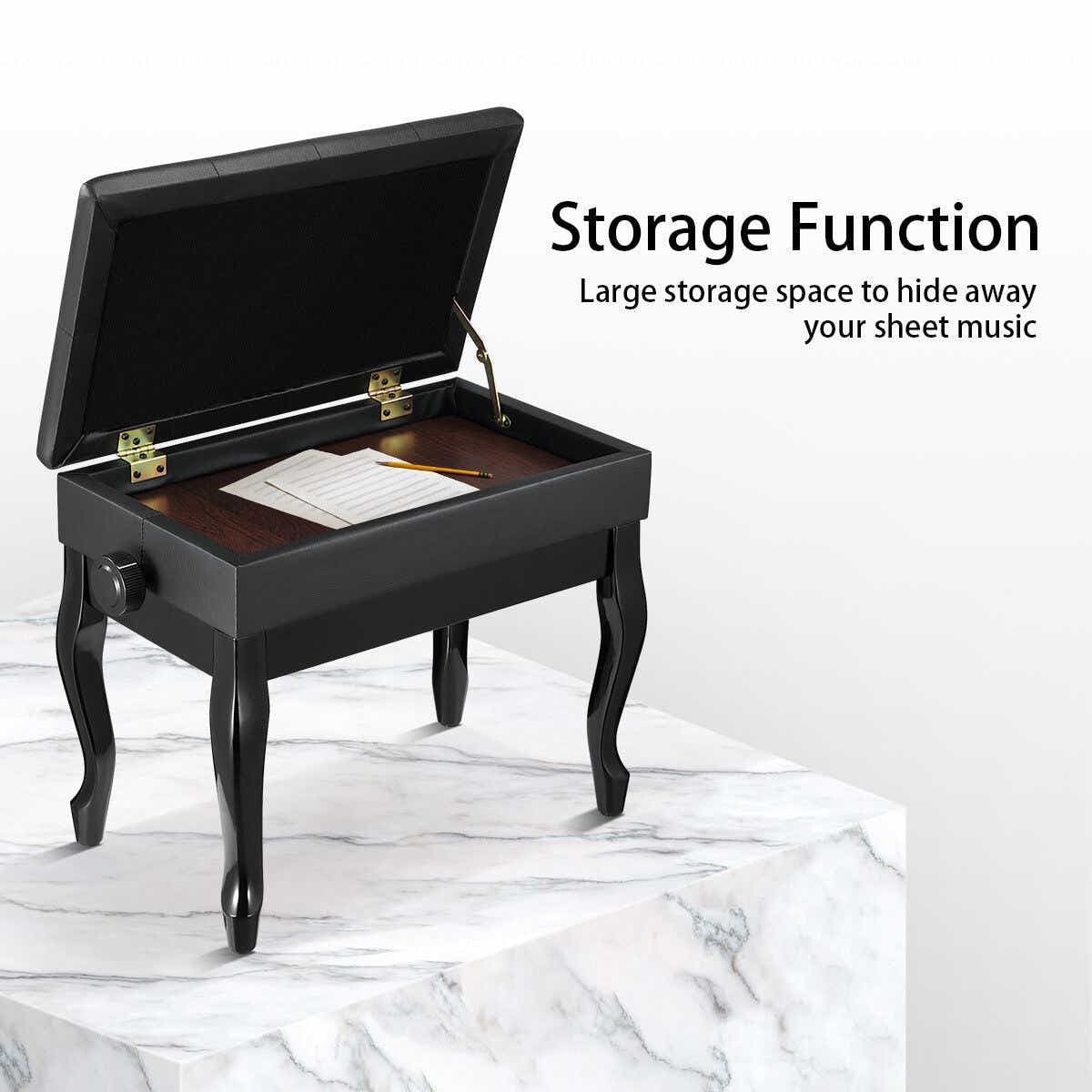 DS BD Melodic Piano Stool Adjustable Wood Chair Bench Storage Bent Leg Black