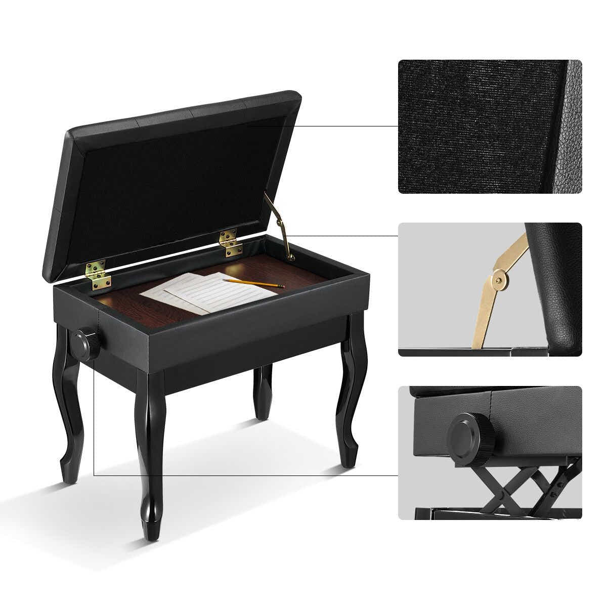 DS BD Melodic Piano Stool Adjustable Wood Chair Bench Storage Bent Leg Black