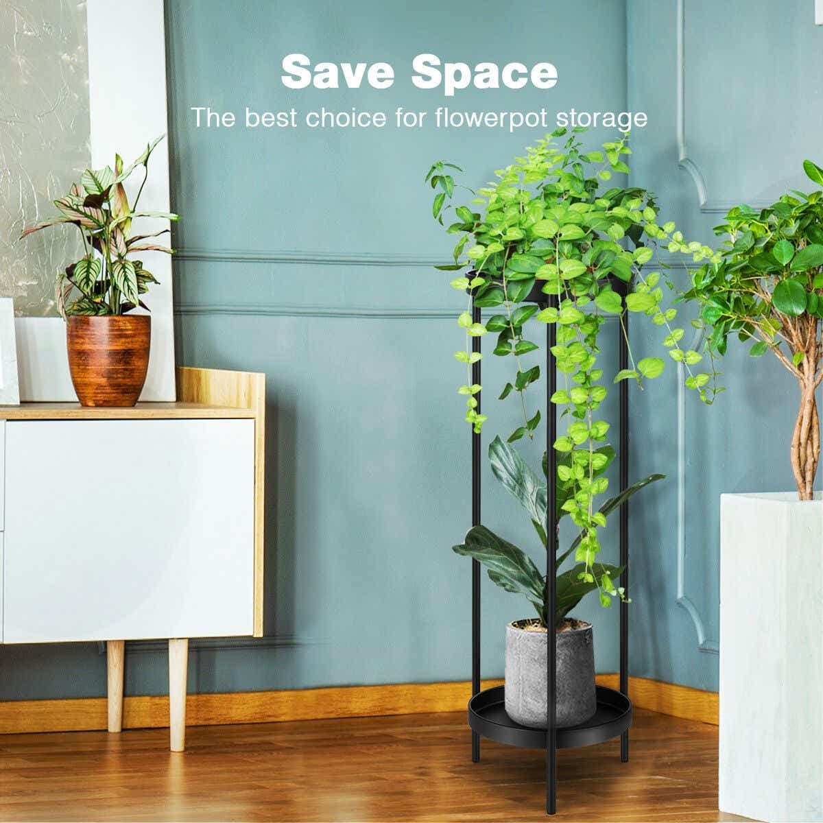 DS BD 80CM High Plant Metal Flower Pots Shelf Corner Black Planter Holder Rack