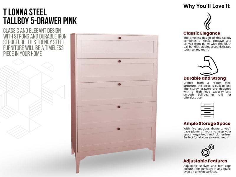 Lonna Steel 5-Drawer Tallboy - Pink