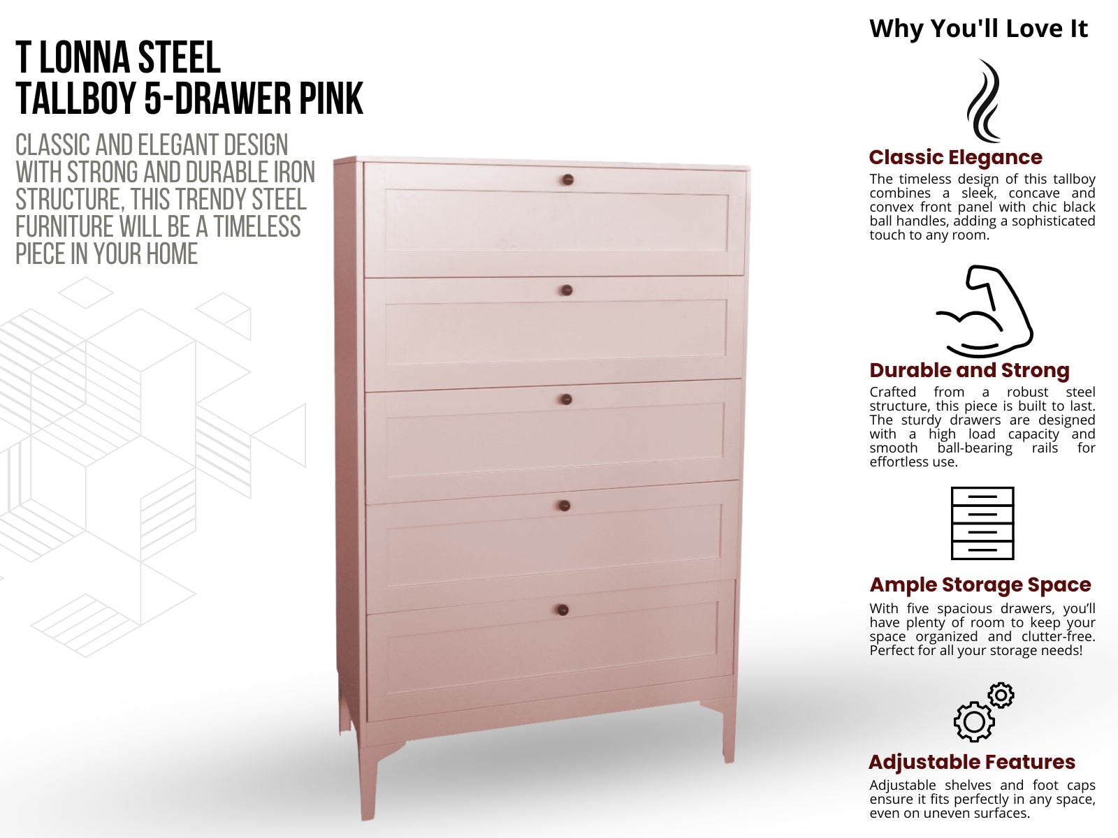 Lonna Steel 5-Drawer Tallboy - Pink