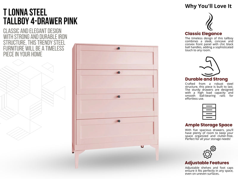 Lonna Steel 4-Drawer Tallboy - Pink