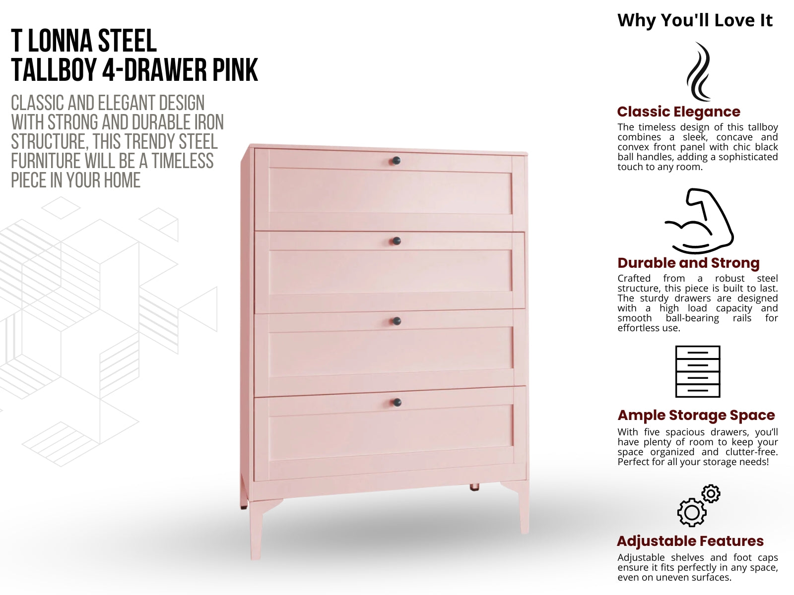 Lonna Steel 4-Drawer Tallboy - Pink