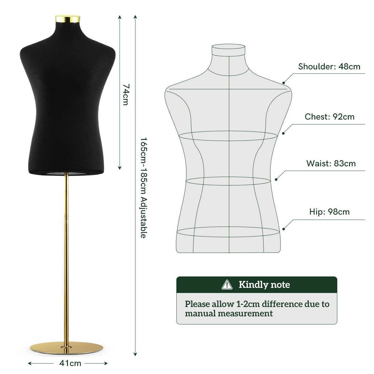 DS BD Male Mannequin Torso Dress Form Dummy Manikin Metal Base 165-185cm Black
