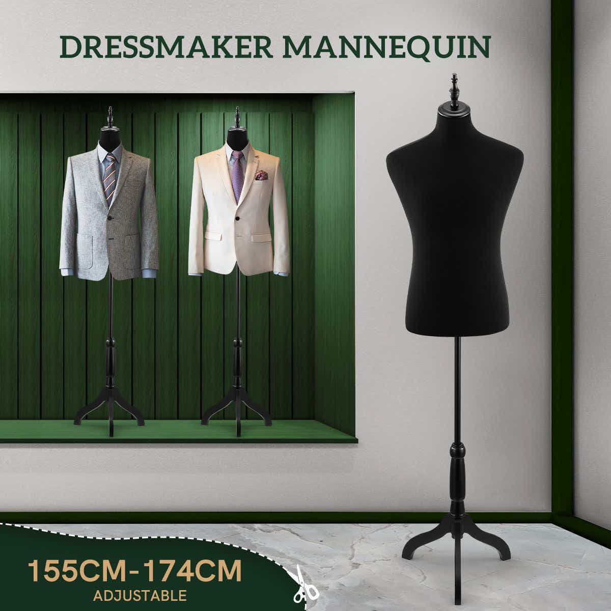 DS BD Male Mannequin Dress Form Torso Dressmakers Dummy Base 155-174cm Black