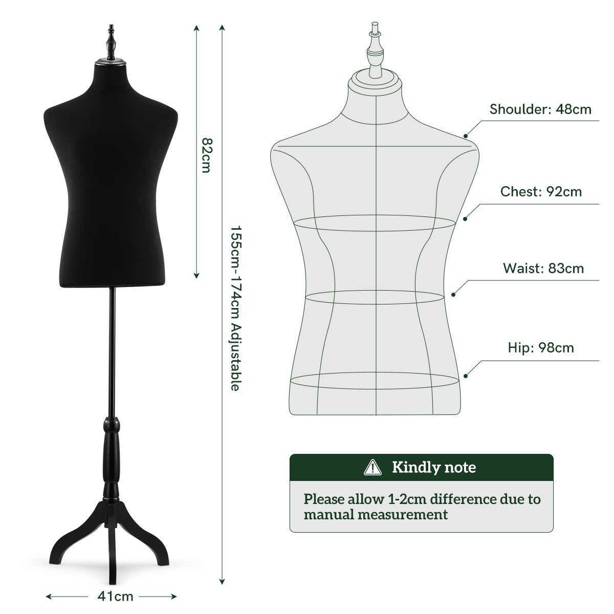 DS BD Male Mannequin Dress Form Torso Dressmakers Dummy Base 155-174cm Black