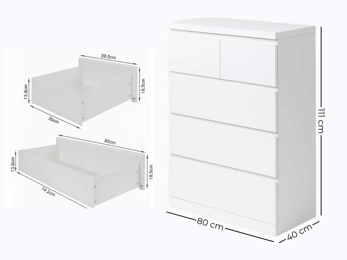 Tiko 5-Drawer Tallboy - White