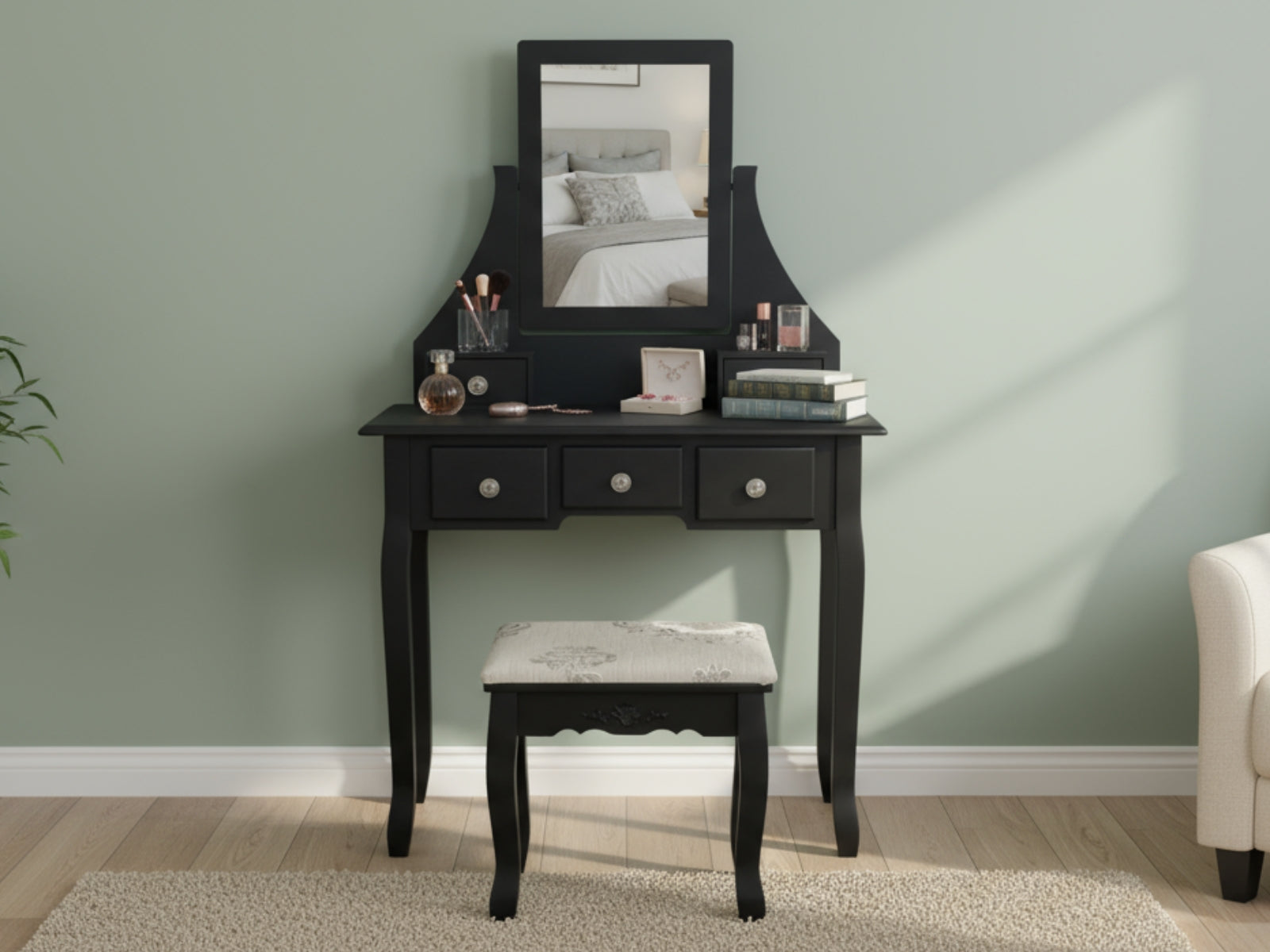 Black Dressing Table Set | 5 Drawers & Rotatable Mirror