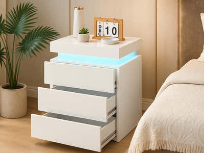 DS Glansig Bedside Table with LED Light - White