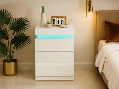 DS Glansig Bedside Table with LED Light - White