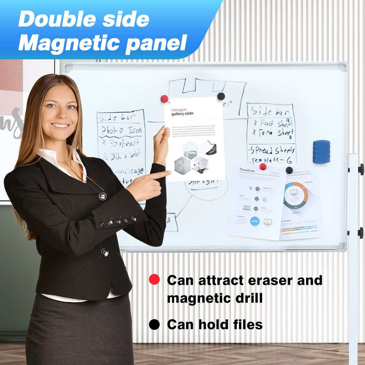 DS BD Double Sided Magnetic Whiteboard Mobile White Board Dry Adjustable Height