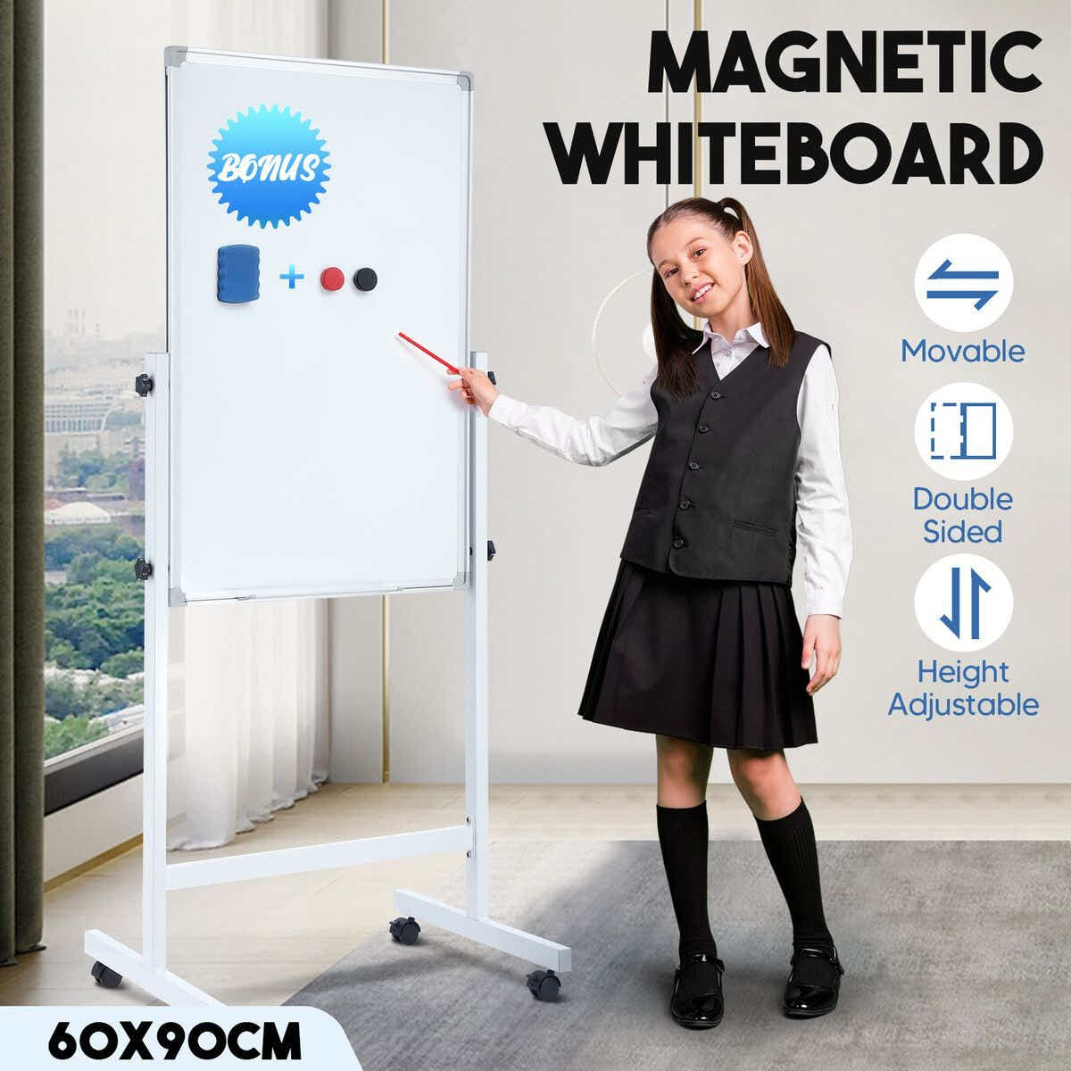 DS BD Double Sided Interactive Whiteboard Mobile White Board Dry Stand 60cmx90cm