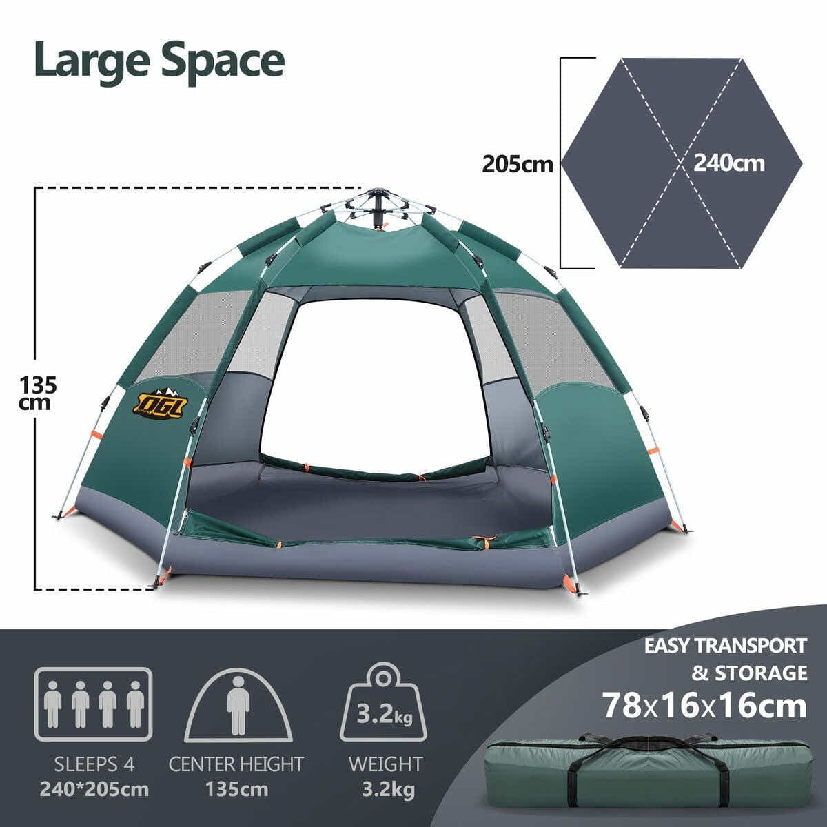 DS BD 4 Man Beach Tent Shelter Instant Pop Up Outdoor 240x240x135cm Green OGL