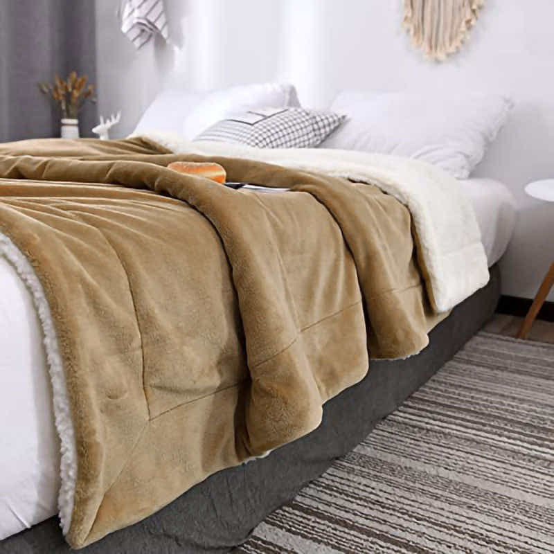 DS BS Thick Fuzzy Soft Sherpa Fleece Bed Sofa Blankets-Camel