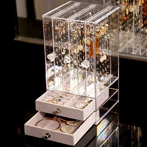 DS BS Acrylic Earring Holder and Jewelry Organizer 3 Slots 2 Drawers