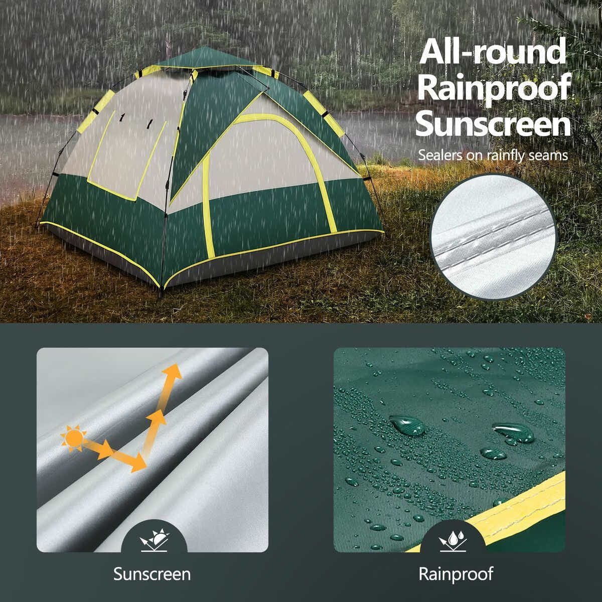 DS BD OGL 3 Person Tent Pop Up Instant Waterproof 215x200x141cm Green White