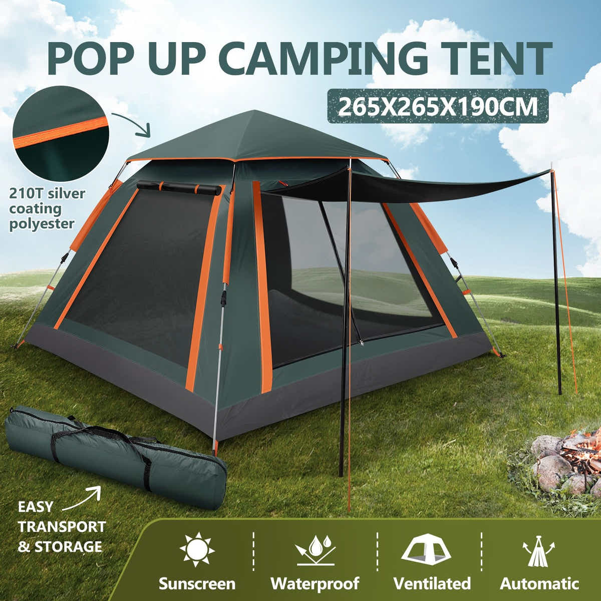 DS BD 5 Man Tent Pop Up Family Party Waterproof Outdoor 265x265x190cm Green