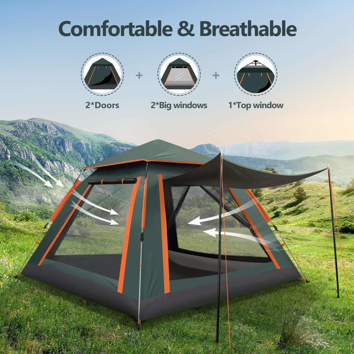 DS BD 5 Man Tent Pop Up Family Party Waterproof Outdoor 265x265x190cm Green