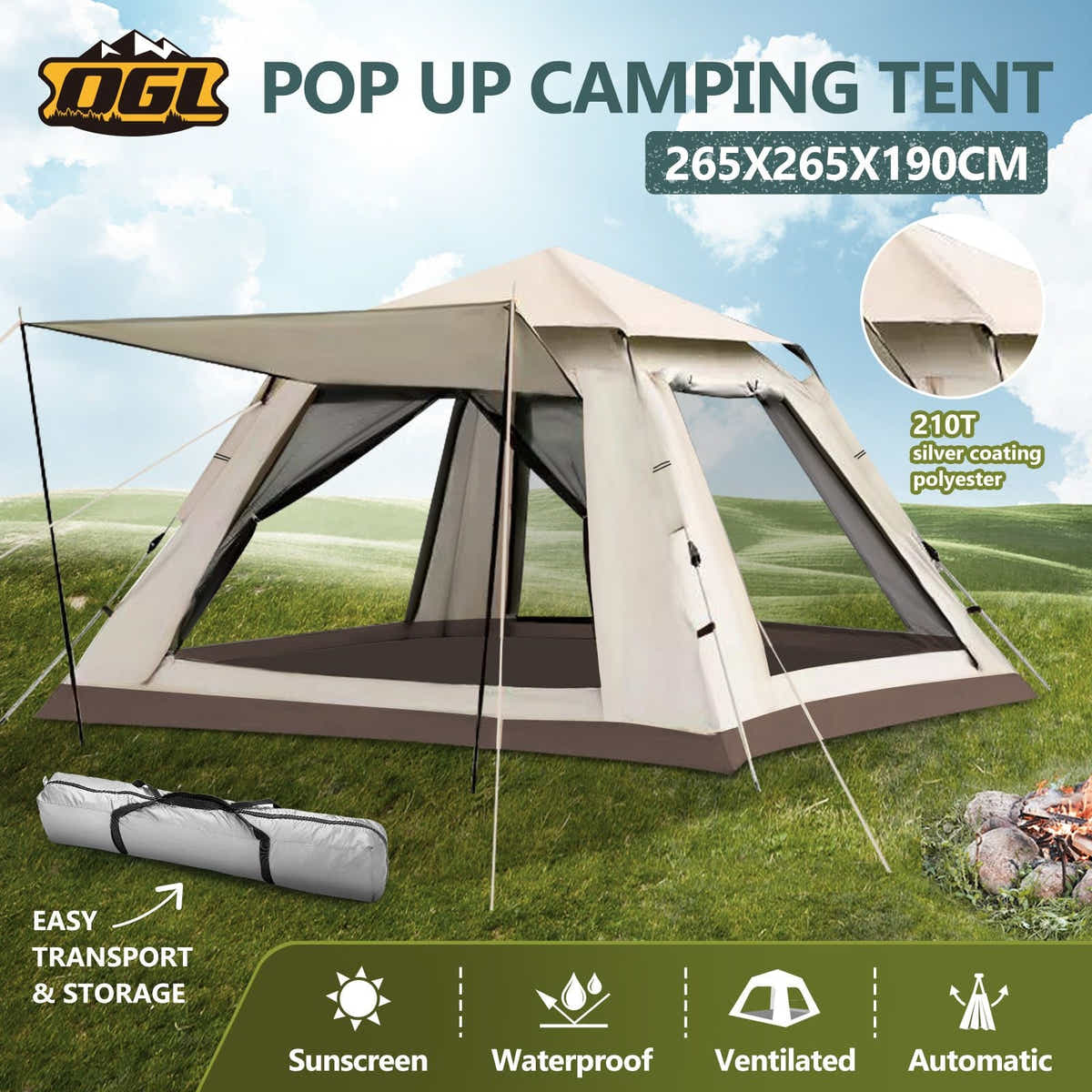 DS BD 5 Person Tent Pop Waterproof Outdoor Picnic 265x265x190cm Creamy White
