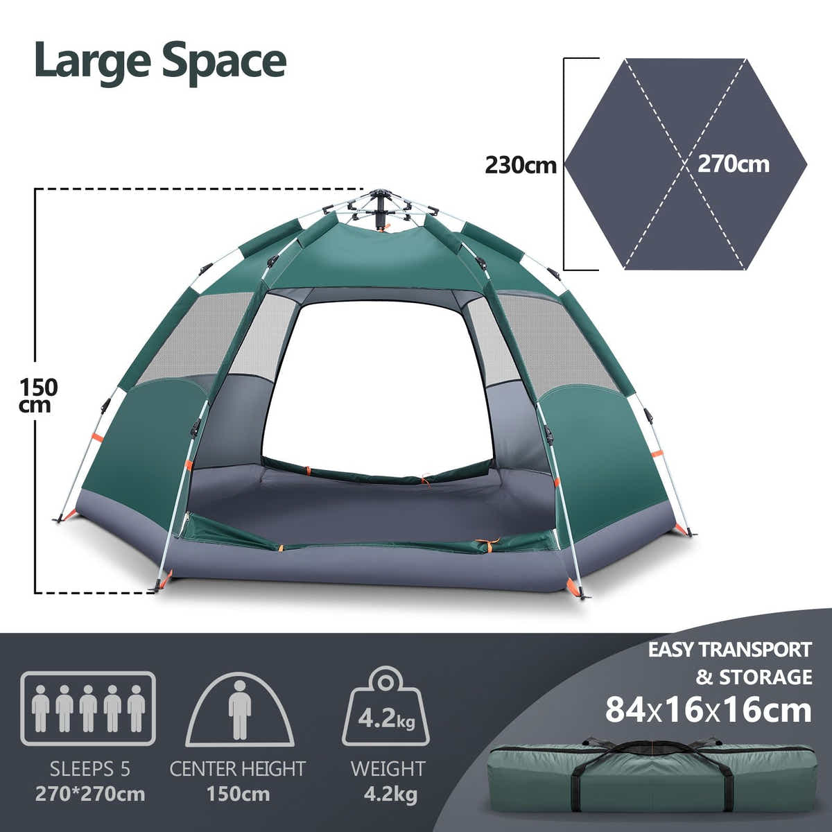 DS BD 5 Man Beach Tent Shelter Pop Up Instant Waterproof 270x270x150cm Green