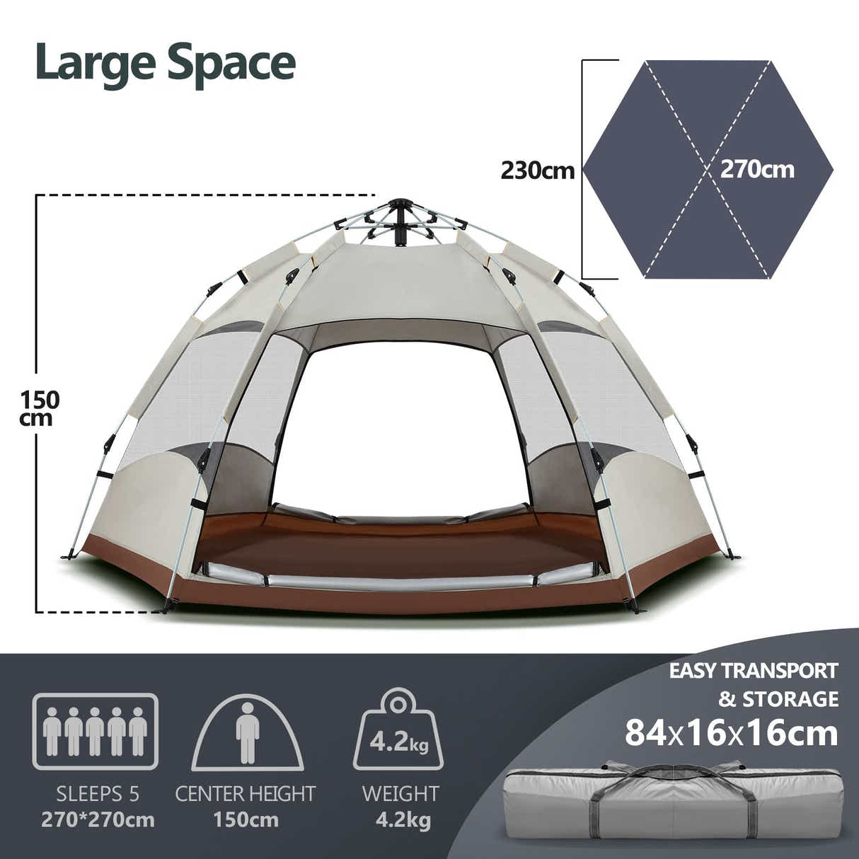 DS BD 5 Person Pop Up Tent Beach Shelter Waterproof 270x270x150cm Creamy white