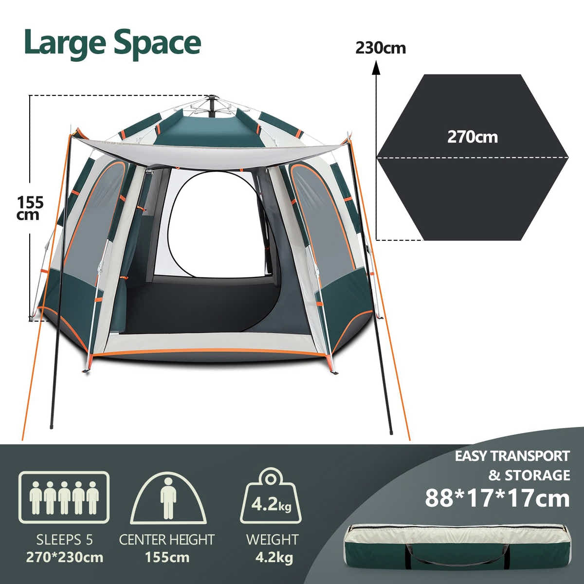 DS BD 5 Person Tent Instant Pop Up Beach Waterproof 270x230x155cm Green White