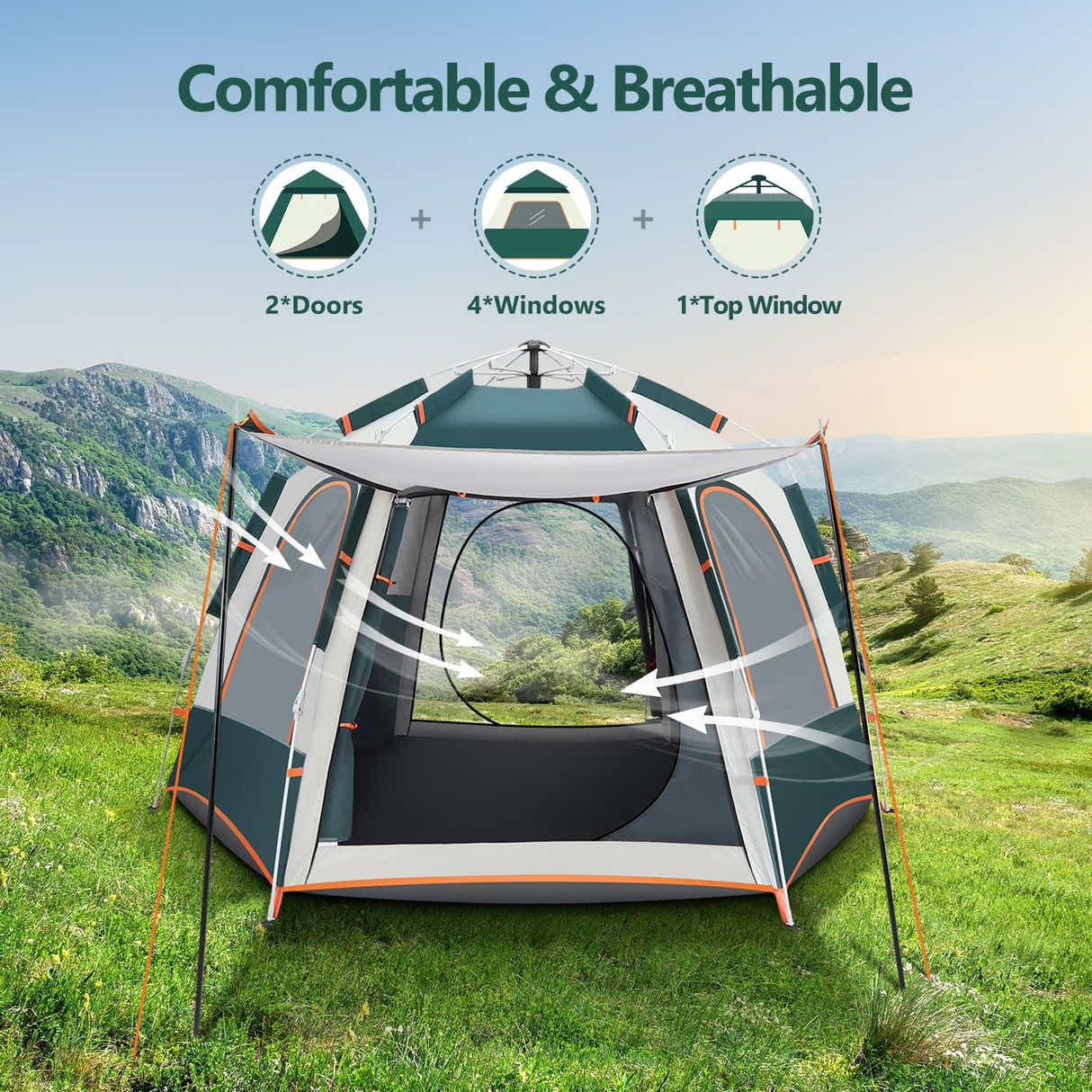 DS BD 5 Person Tent Instant Pop Up Beach Waterproof 270x230x155cm Green White