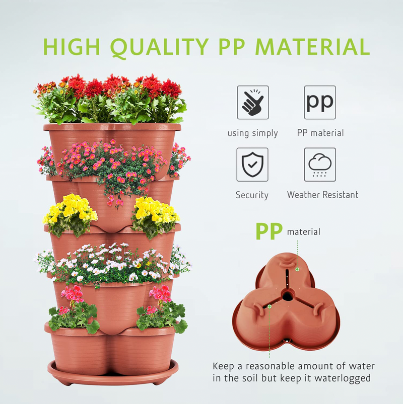 DS BS 3 Tier Vertical Stackable Planter for Flowers Herbs Vegetables-Terracotta