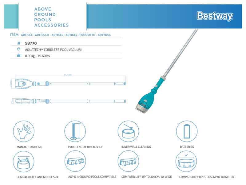 Bestway AquaTech Cordless Pool Vacuum pools up to 10 ft in height