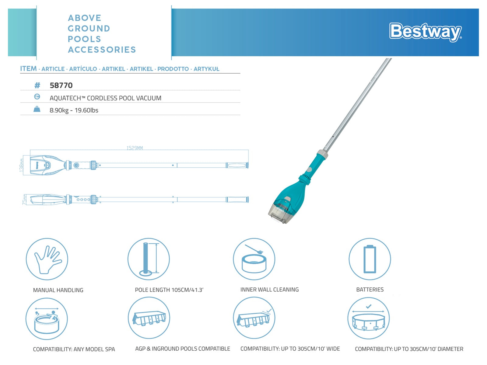 DS Bestway AquaTech Cordless Pool Vacuum pools up to 10 ft in height