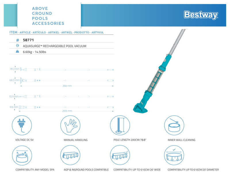 Bestway AquaSurge Rechargeable Pool Vacuum pools up to 6.10 m in diameter