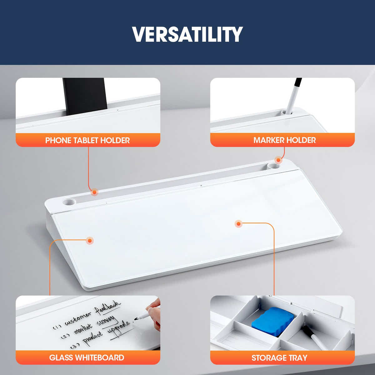 DS BD Glass Desktop Whiteboard Organiser Dry Erase Board Memo Note Pad Keyboard