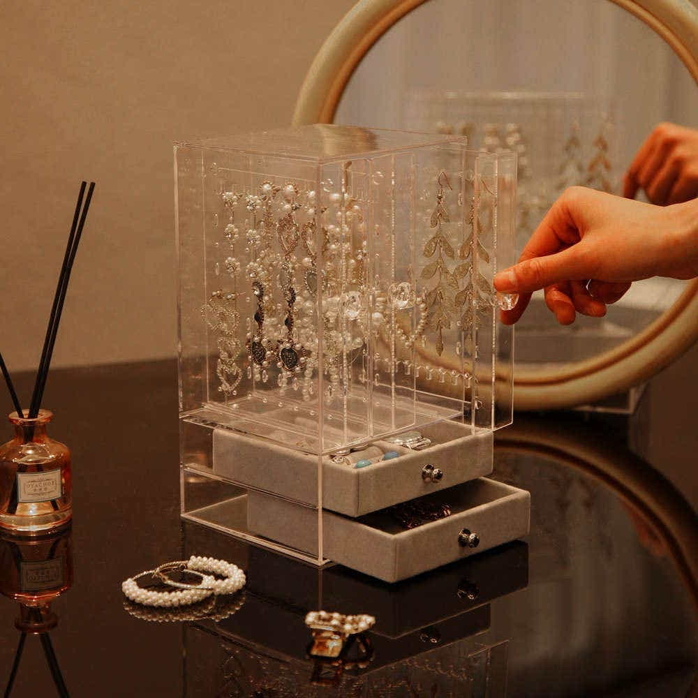 DS BS Acrylic Earring Holder and Jewelry Organizer 3 Slots 2 Drawers