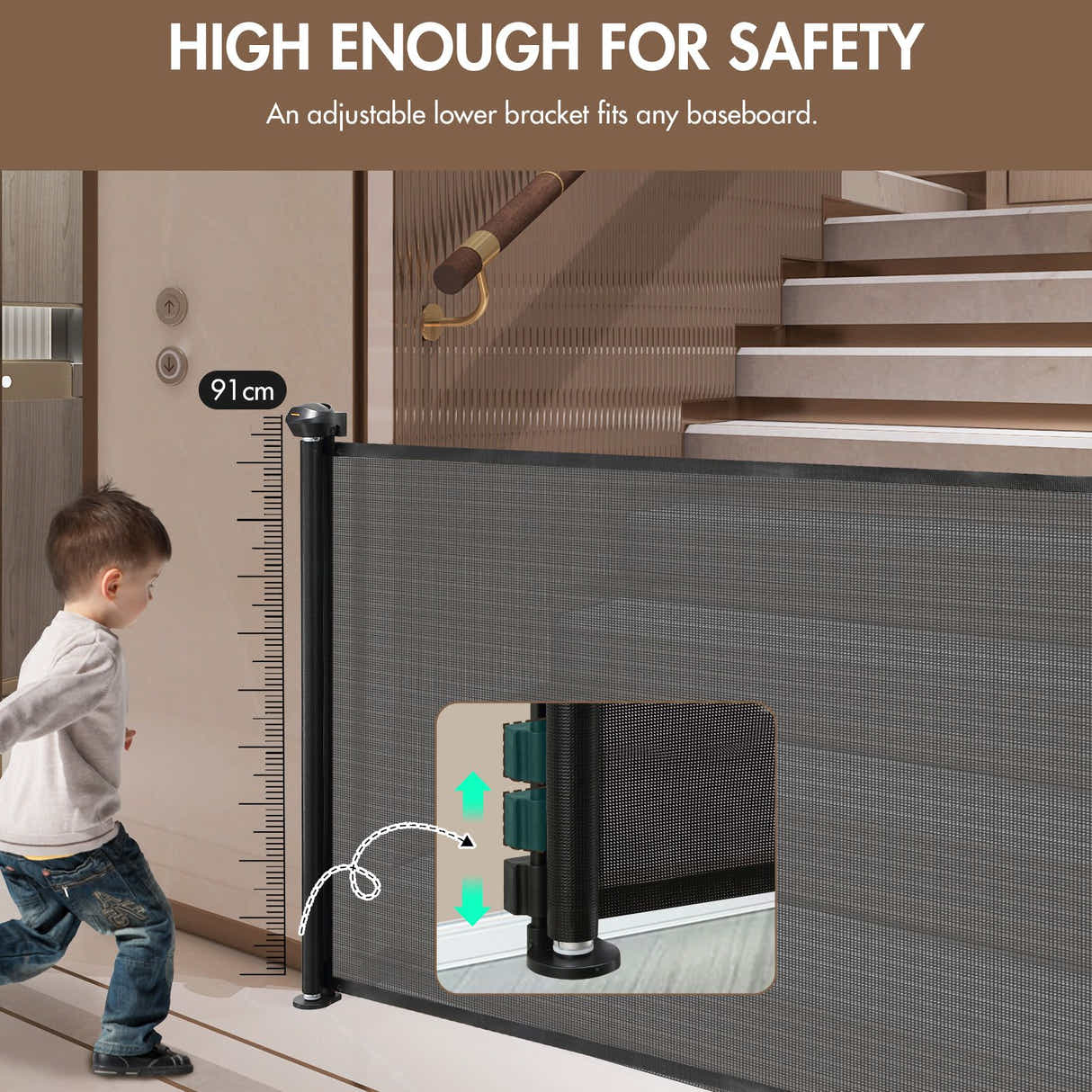 DS BD Retractable Baby Gate Pet Safety Fence Dog Safe Guard Outdoor 179cm Black