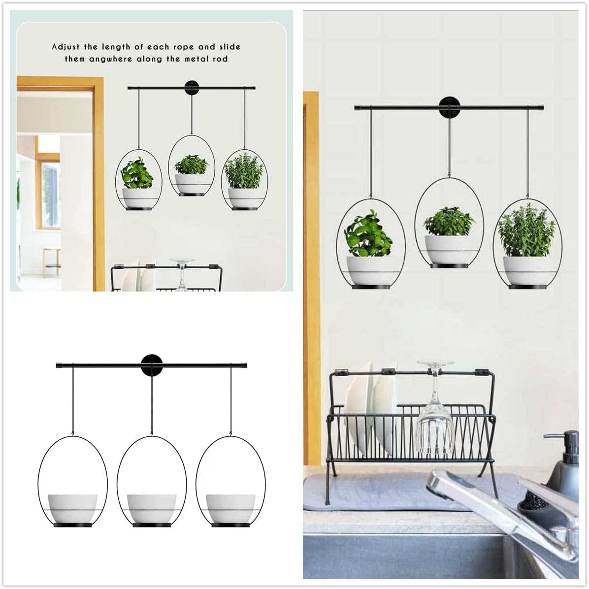DS BS 3 Pot Wall Hanging Planters Kitchen Herb Rack-Black