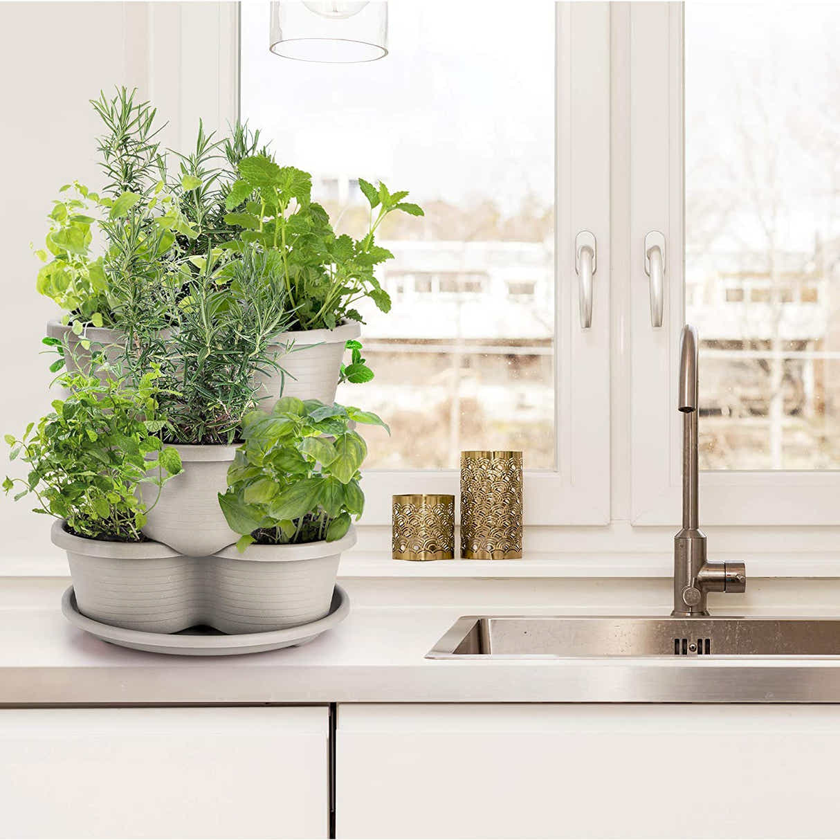 DS BS 3 Tier Vertical Stackable Planter for Flowers Herbs Vegetables-White