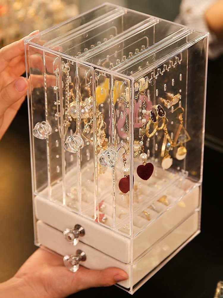 DS BS Acrylic Earring Holder and Jewelry Organizer 3 Slots 2 Drawers