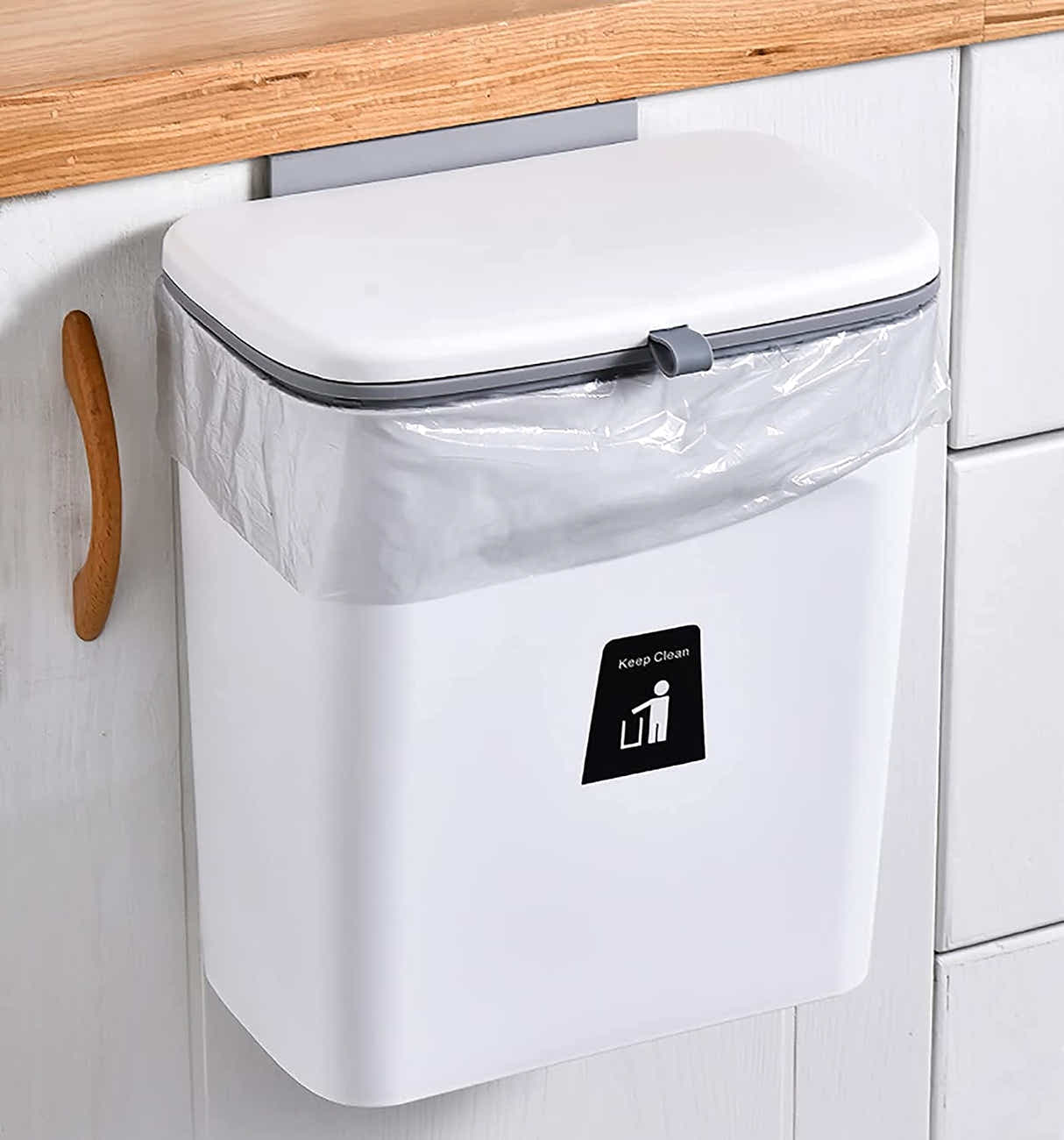 DS BS Kitchen Cabinet Door Hanging Trash Can with Lid-White