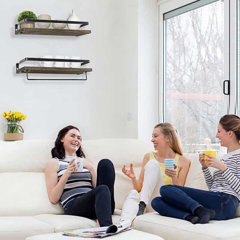 DS BS 2 Tier Rustic Floating Wall Shelves with Rails