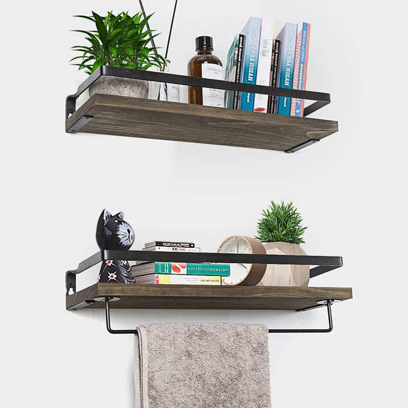 DS BS 2 Tier Rustic Floating Wall Shelves with Rails