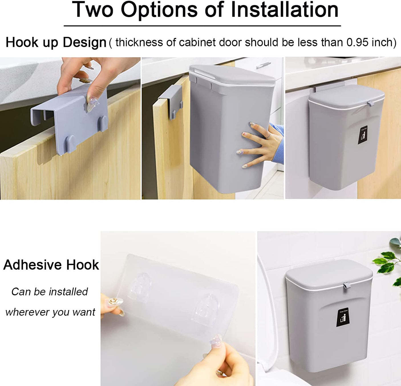 DS BS Kitchen Cabinet Door Hanging Trash Can with Lid-Gray