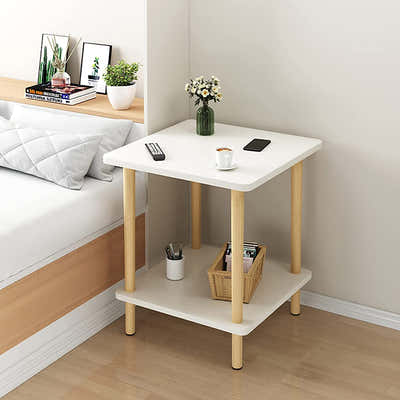 DS BS 2-Tier Tall Square Wooden Side Table Bedside Table-White