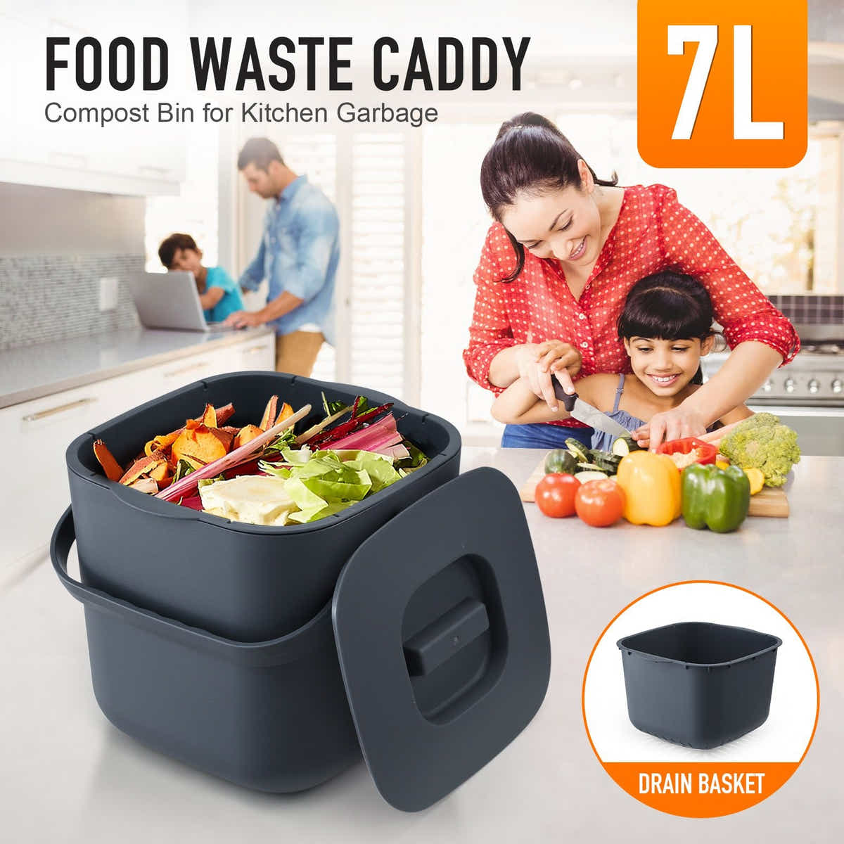 DS BD 7L Rubbish Waste Bin Trash Compost Dustbin Garbage Can Food Recycling