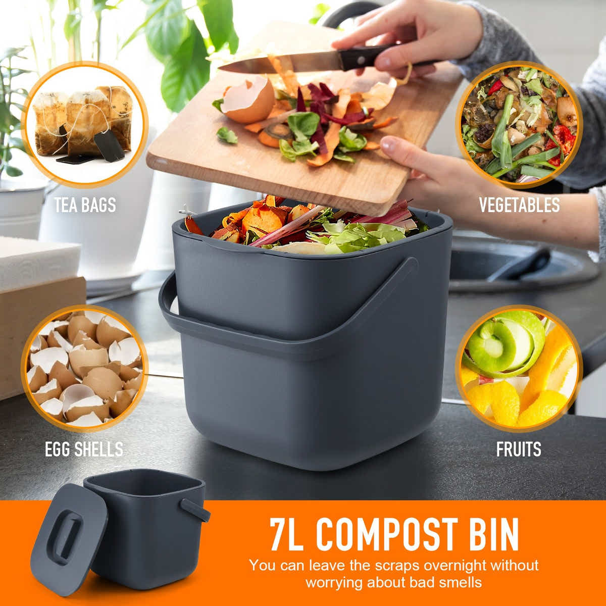 DS BD 7L Rubbish Waste Bin Trash Compost Dustbin Garbage Can Food Recycling