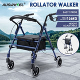 DS BD 4 Wheel Rollator Walker Seat Seniors Folding Elderly Steel Blue Auswheel
