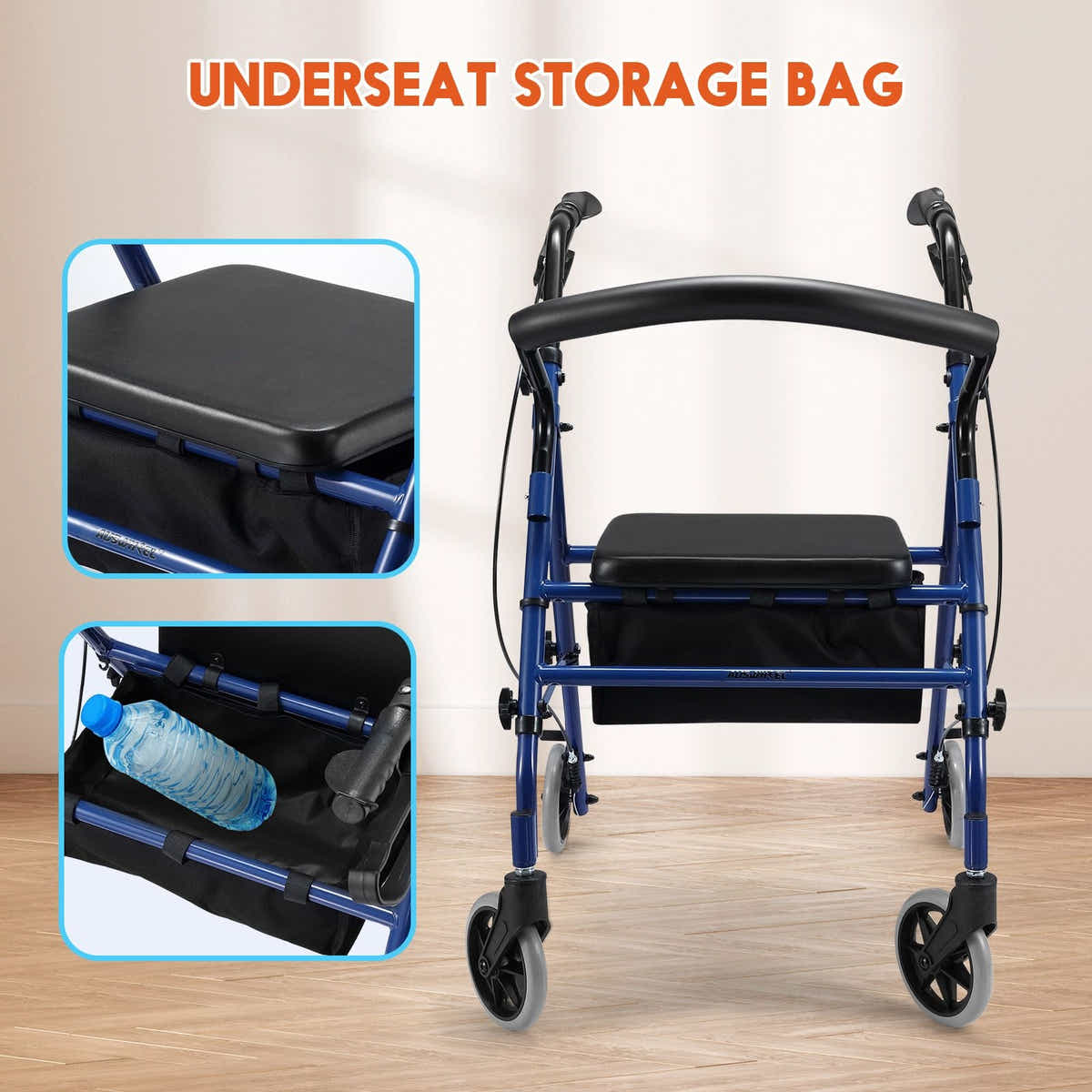 DS BD 4 Wheel Rollator Walker Seat Seniors Folding Elderly Steel Blue Auswheel