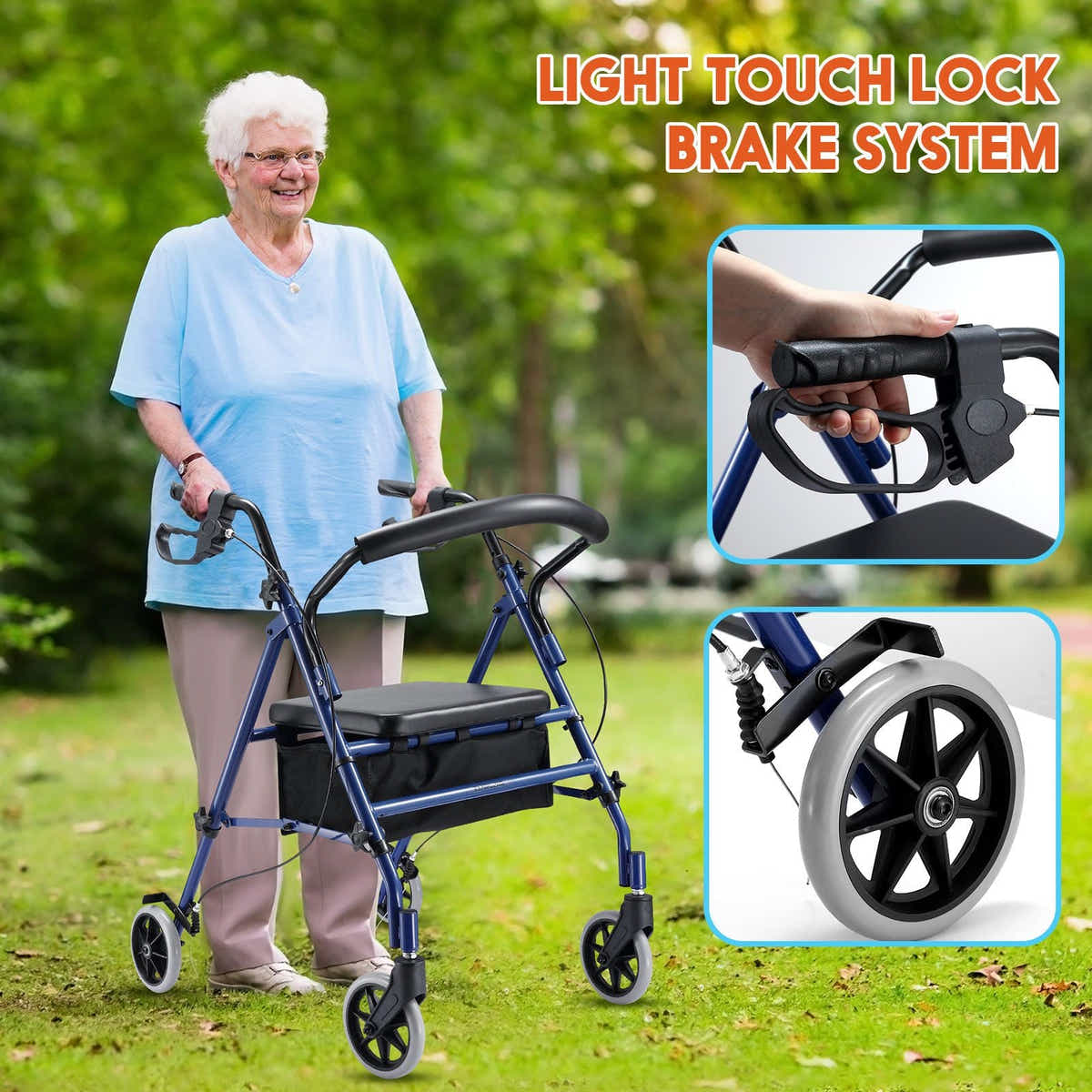 DS BD 4 Wheel Rollator Walker Seat Seniors Folding Elderly Steel Blue Auswheel
