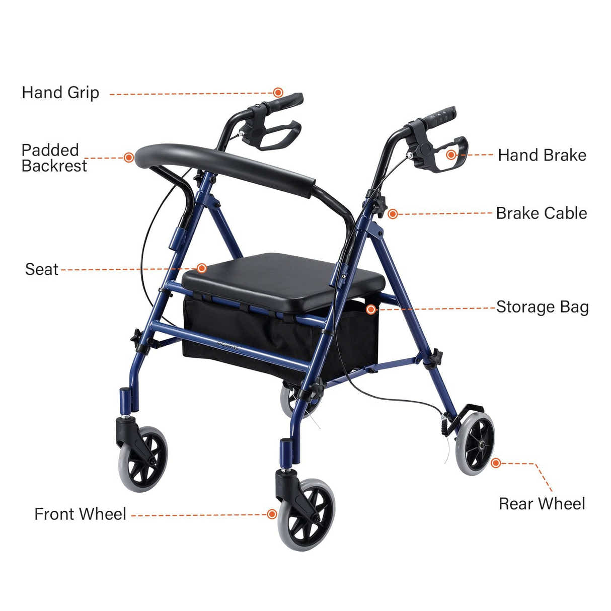 DS BD 4 Wheel Rollator Walker Seat Seniors Folding Elderly Steel Blue Auswheel